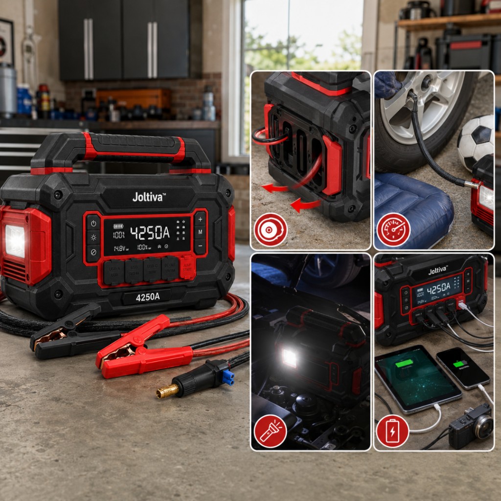 Joltiva — cavi retrattili, compressore, torcia e power bank